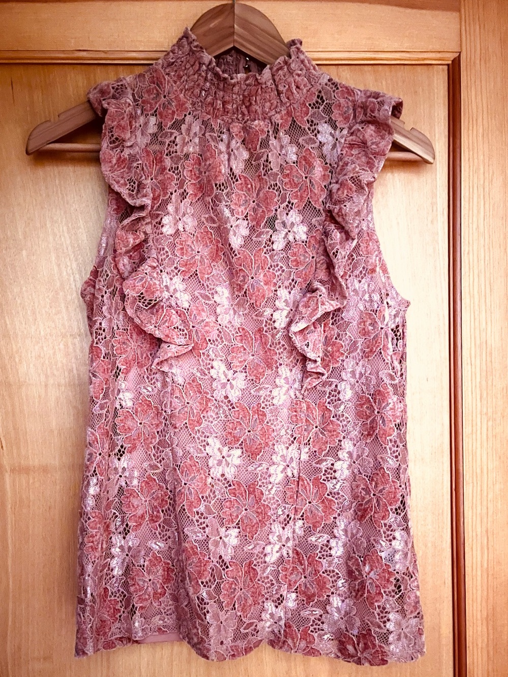 Cable & Gauge Romantic Chenille Lace Ruffle Mock-Neck Top